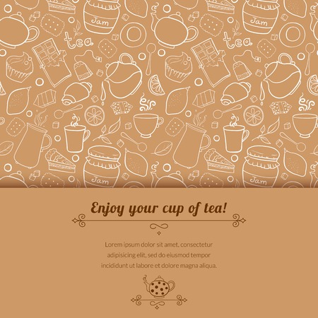 Tea and sweets vector background in doodle style with place for text, template for use as packaging, fabric, paper,のイラスト素材