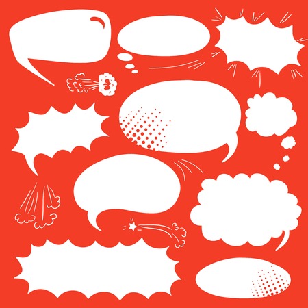 Set of graphic comics speech  bubbles, vector templates clouds for text, white on red backgroundのイラスト素材