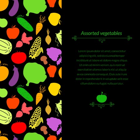 Vegetables vector dark background with great abundance of bright colorful vegetables, with place for textのイラスト素材