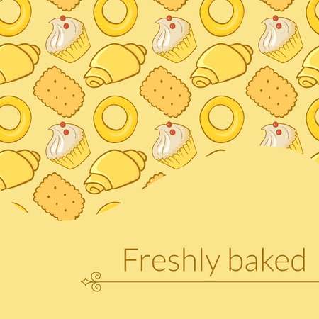 Vector illustration  delicious pastries, cookies, croissants, biscuits in doodle style, background with place for textのイラスト素材