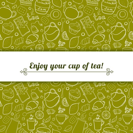 Tea and sweets vector background in doodle style with place for text, template for use as packaging, fabricのイラスト素材