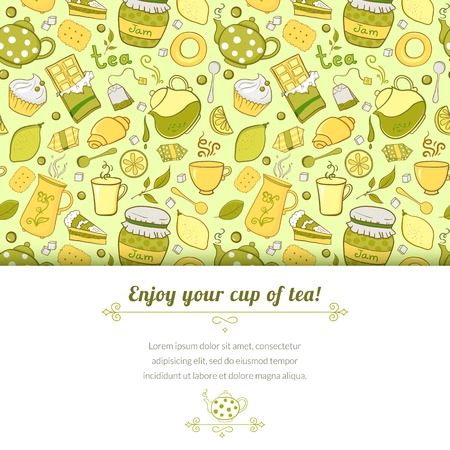 Tea and sweets vector background in doodle style with place for text, template for use as packaging, fabricのイラスト素材