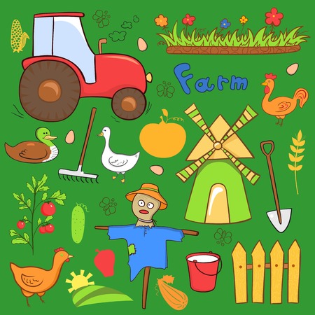 Vector farm illustrations set in doodle style on green backgroundのイラスト素材