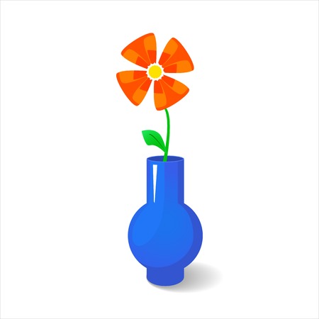 Single red flower in blue glossy vase with elements of transparency and isolated on background, vector holiday illustrationのイラスト素材