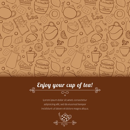 Tea and sweets vector background in doodle style with place for text, template for use as packaging, fabric, paper,のイラスト素材