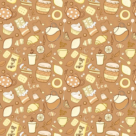 Tea and sweets vector seamless pattern in doodle style, template for use as packaging, fabric, backgroundのイラスト素材