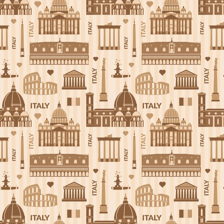Landmarks of Italy, vector monochrome seamless pattern with flat geometric objectsのイラスト素材