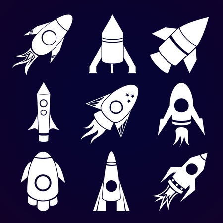 Vector silhouette rockets icons set on space backgroundのイラスト素材