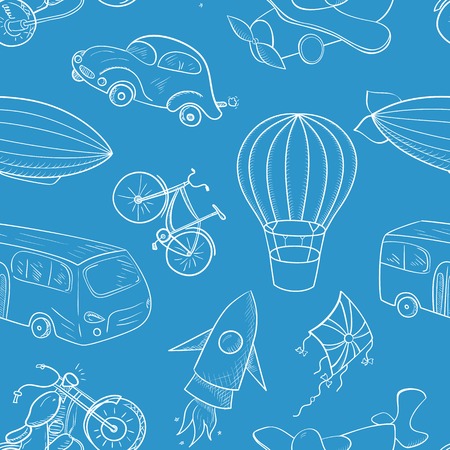 Sketches means of transport, vector seamless pattern on blue backgroundのイラスト素材