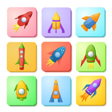 Cartoon rockets 3D vector illustration set, collection of rectangular iconsのイラスト素材