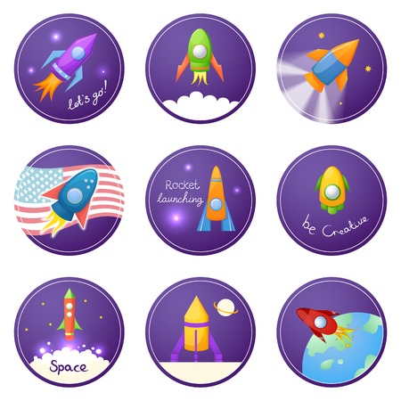 Collection of round icons space scene with rockets, vector illustration setのイラスト素材
