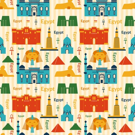 Landmarks of Egypt vector colorful seamless pattern in flat styleのイラスト素材