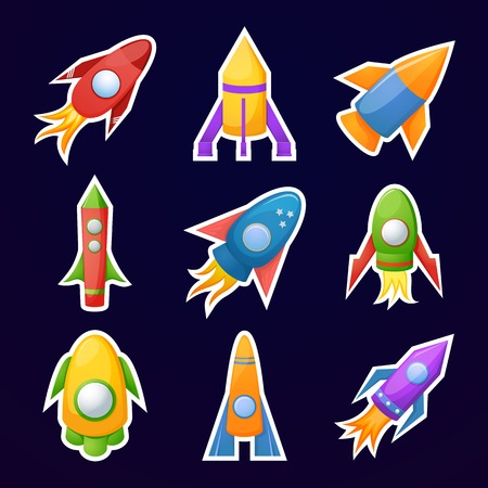 Cartoon rockets 3D vector illustration set isolated on background, collection of children\'s of stickersのイラスト素材