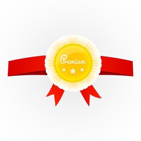 Vector metal premium round badge on red ribbon isolated on background. Premium three starsのイラスト素材
