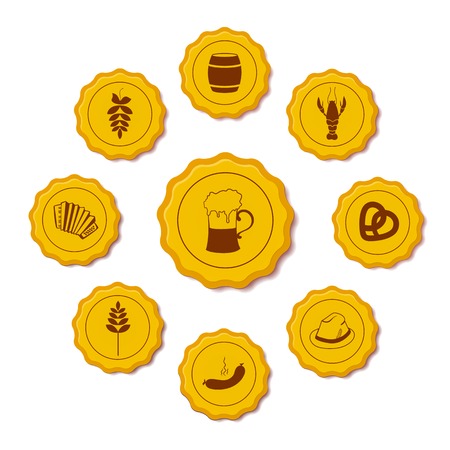 Vector icons of gold beer caps with symbols attributes Oktoberfest in retro styleのイラスト素材