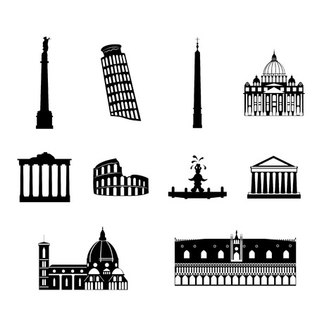 Landmarks of Italy, vector simple black and white iconsのイラスト素材
