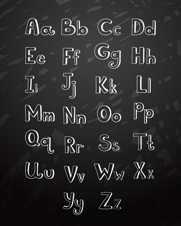 Hand drawn type font, chalk hand drawing alphabet vector illustration isolated on black board background in cartoon styleのイラスト素材