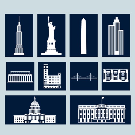 Landmarks of United States of America, vector colorful flat icons setのイラスト素材