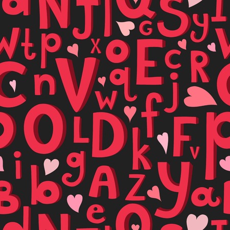 Vector seamless pattern with Latin letters of different sizes on dark background in a cartoon style, children\'s illustration with alphabetのイラスト素材