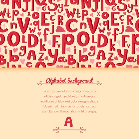 Vector background with Latin letters of different sizes in a cartoon style, children\'s illustration with alphabet and horizontally space for textのイラスト素材
