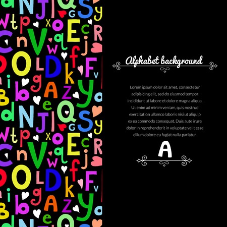 Vector dark background with Latin letters of different sizes in a cartoon style, children\'s illustration with alphabet and vertically space for textのイラスト素材