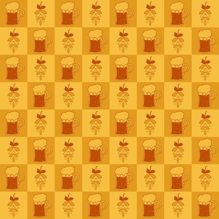 Beer mugs and hop seamless pattern, vector Oktoberfest backgroundのイラスト素材