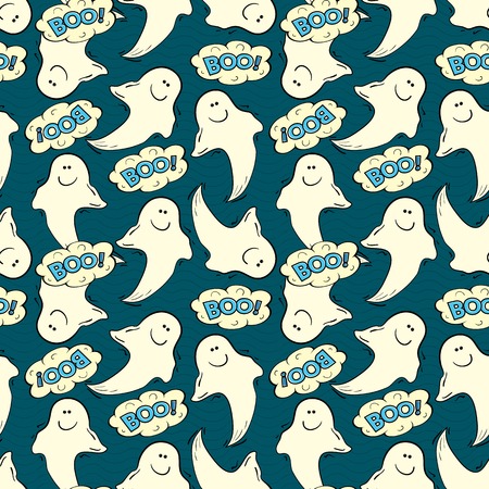 Halloween seamless pattern with smiling ghosts, vector illustrationのイラスト素材