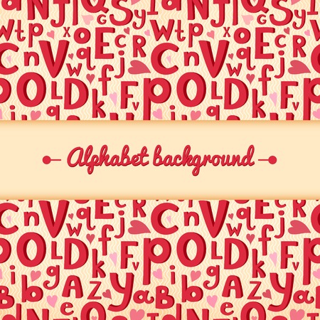 Vector background with Latin letters of different sizes in a cartoon style, children\'s illustration with alphabet and central space for textのイラスト素材