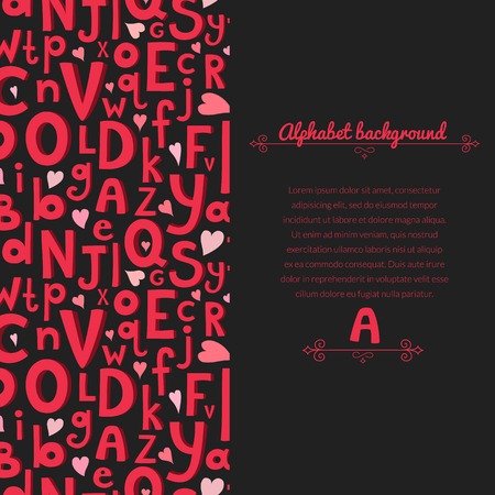 Vector dark background with Latin letters of different sizes in a cartoon style, children\'s illustration with alphabet and vertically space for textのイラスト素材