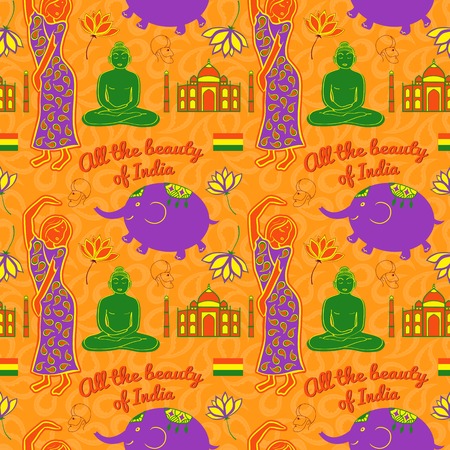 India vector seamless pattern, bright colorful background with elements of the culture of Asia in cartoon styleのイラスト素材