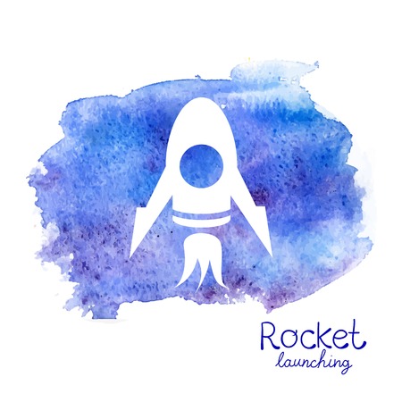 Vector white rocket icon set on watercolor space backgroundのイラスト素材