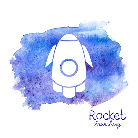 Vector white rocket icon set on watercolor space backgroundのイラスト素材