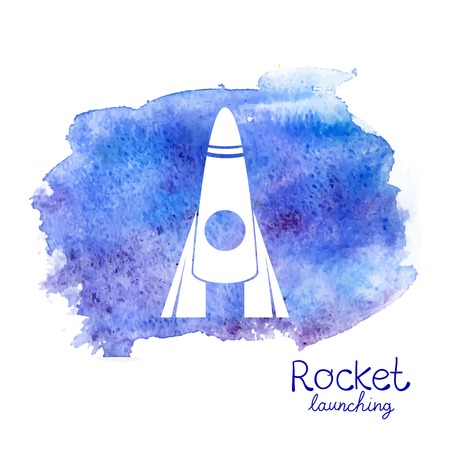 Vector white rocket icon set on watercolor space backgroundのイラスト素材
