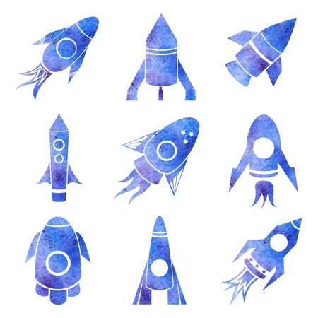 Vector watercolor rockets icons set on space backgroundのイラスト素材