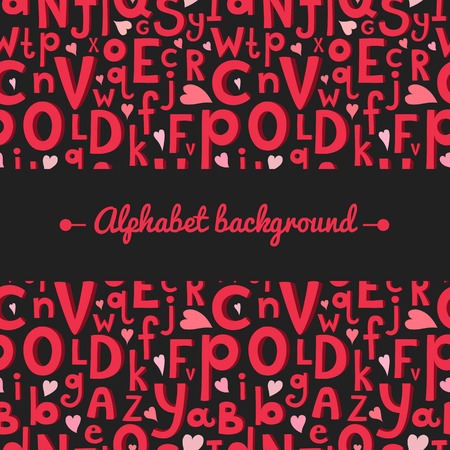 Vector dark background with Latin letters of different sizes in a cartoon style, children\'s illustration with alphabet and central space for textのイラスト素材