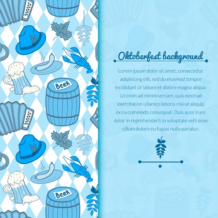 Oktoberfest celebration vector background with attributes of festival and vertically space for text in doodle styleのイラスト素材
