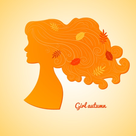 Silhouette of female profile with leaves in her hair, girl autumn, vector illustration in minimalist styleのイラスト素材