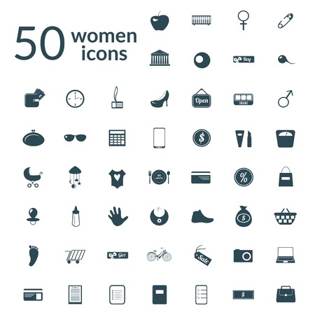 50 woman icons set, round flat icons with long shadowsのイラスト素材