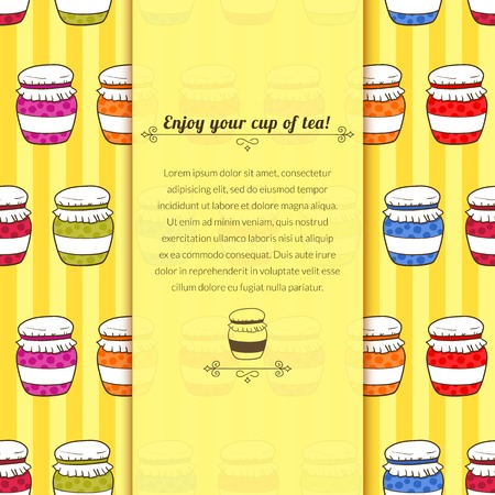 Vector colorful background jars with jam in doodle style with space for textのイラスト素材