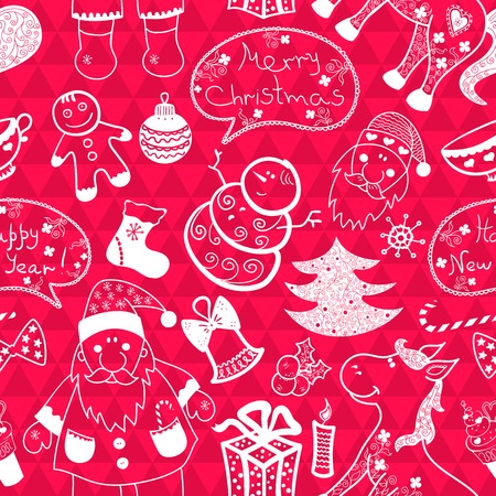 Christmas vector seamless pattern with thematic doodle elements on pink geometric backgroundのイラスト素材