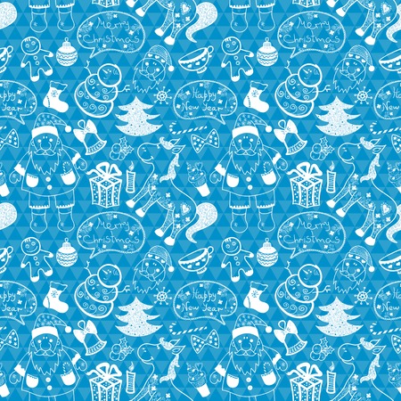 Christmas vector seamless pattern with thematic doodle elements on blue geometric backgroundのイラスト素材