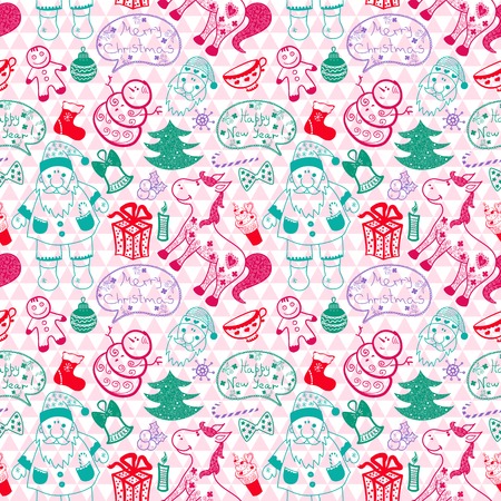 Christmas vector seamless pattern with thematic doodle elements on geometric backgroundのイラスト素材