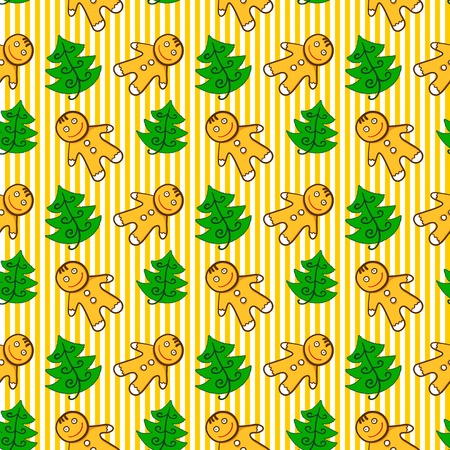 Vector christmas seamless pattern with cute gingerbread men and fir-tree on striped backgroundのイラスト素材