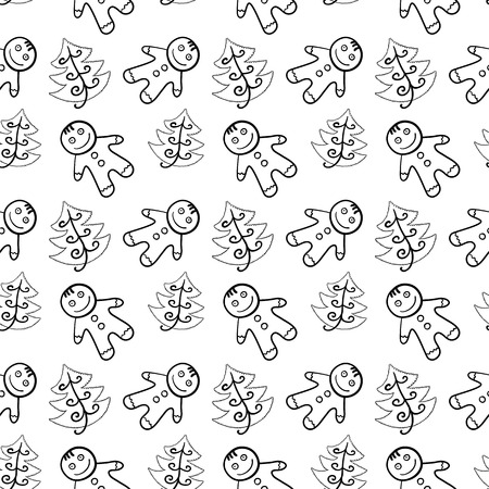 Vector christmas seamless pattern with cute gingerbread men and fir-tree, black and white illustrationのイラスト素材