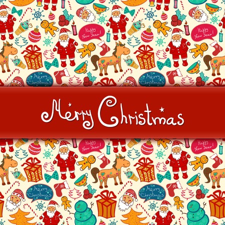 Christmas vector seamless pattern with colorful doodle elements and central space for textのイラスト素材