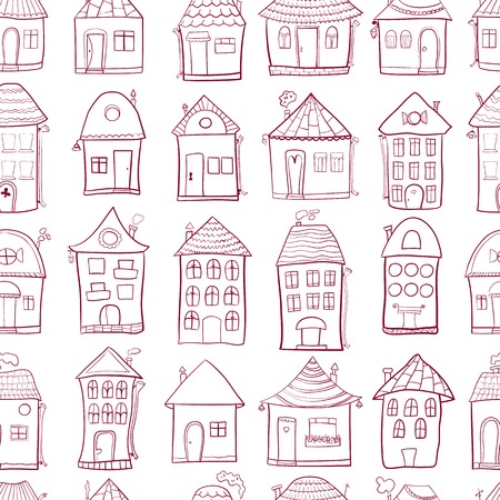Seamless pattern with outine houses in cartoon style on white backgroundのイラスト素材