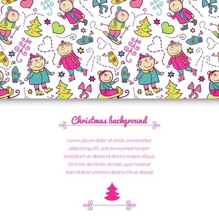 Christmas background with doodle funny children and horizontally space for text, winter recreationのイラスト素材