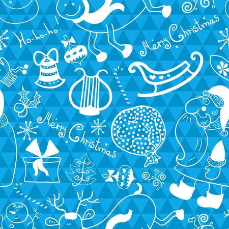 Christmas vector seamless pattern with thematic doodle elements on blue geometric backgroundのイラスト素材
