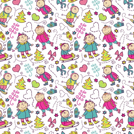 Christmas seamless pattern with doodle funny children, winter recreationのイラスト素材