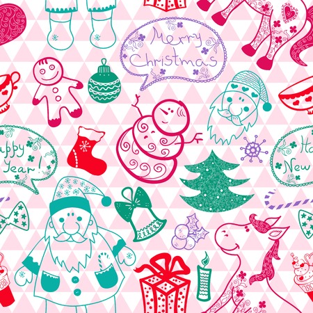 Christmas vector seamless pattern with thematic doodle elements on geometric backgroundのイラスト素材